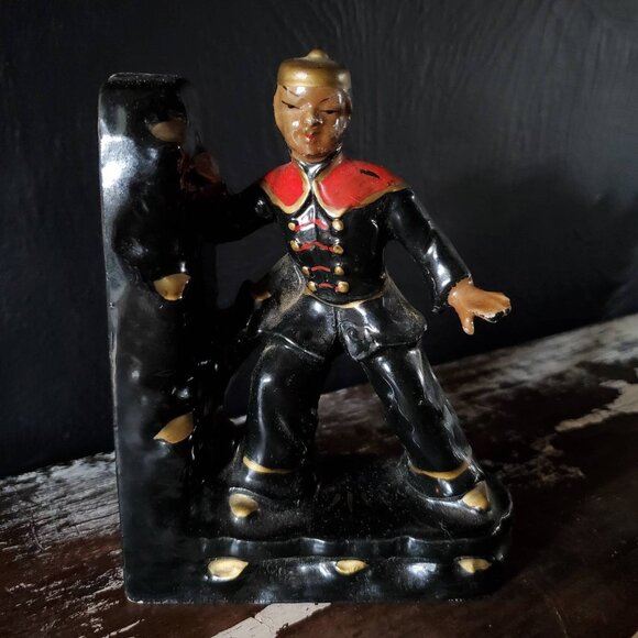 Vintage Hand Painted Ceramic Figurine Of Asian Boy In Red and Black Uniform - Picture 1 of 7